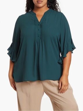 Plus Size Teal Ruffle Sleeve Blouse with Pintuck Detail